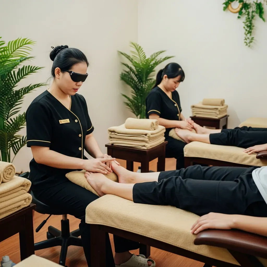 Kỹ thuật viên khiếm thị người Việt đang massage chân cho khách trong không gian sạch sẽ.