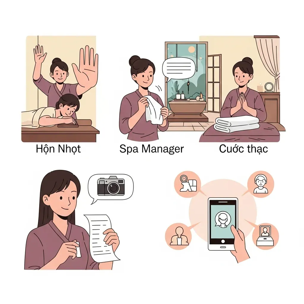 Minh họa cách dừng buổi massage và xử lý khi dịch vụ không đạt yêu cầu.