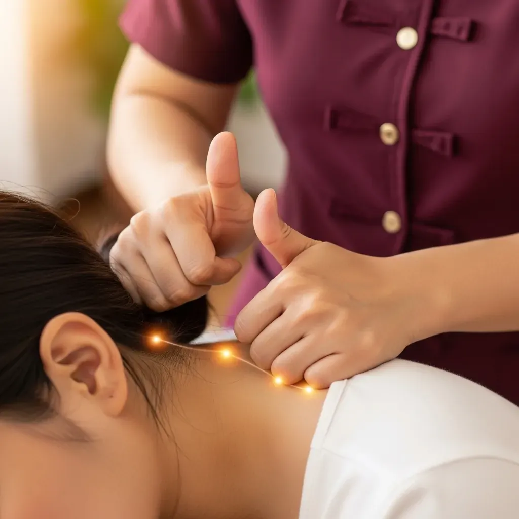 Kỹ thuật viên bấm huyệt cổ vai gáy giúp khai thông khí huyết