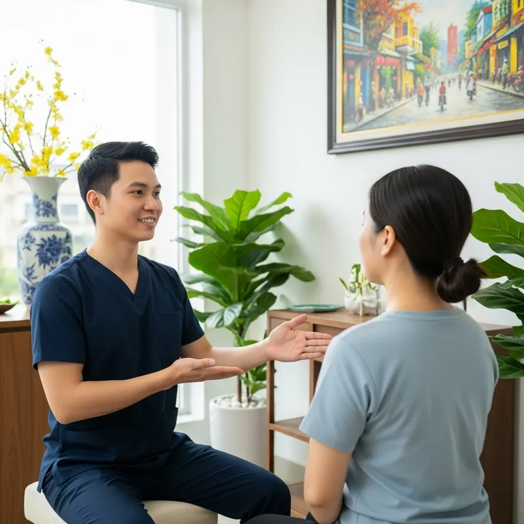 Kỹ thuật viên trị liệu Việt Nam tư vấn và đánh giá trước khi massage cổ vai gáy.