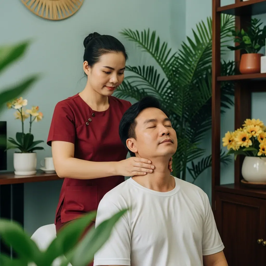 Kỹ thuật viên Việt Nam massage nhẹ vùng cổ vai gáy cho một người đang thư giãn.