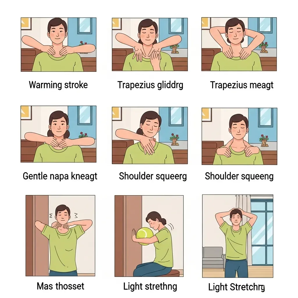 Minh họa các kỹ thuật massage cổ vai gáy an toàn như xoa, miết, day, bóp vai và lăn bóng.