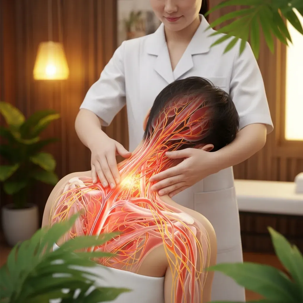 Minh họa massage tác động lên cơ, tuần hoàn và cảm giác thư giãn vùng cổ vai gáy.
