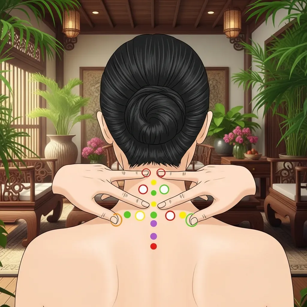 Minh họa vị trí bấm huyệt thường dùng ở vùng gáy, vai và lưng trên.