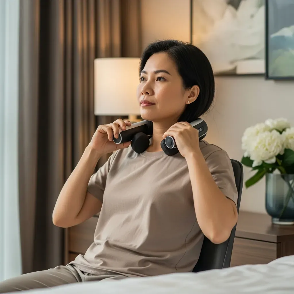 Người Việt dùng máy massage cổ vai gáy ở tư thế ngồi, với cường độ nhẹ.