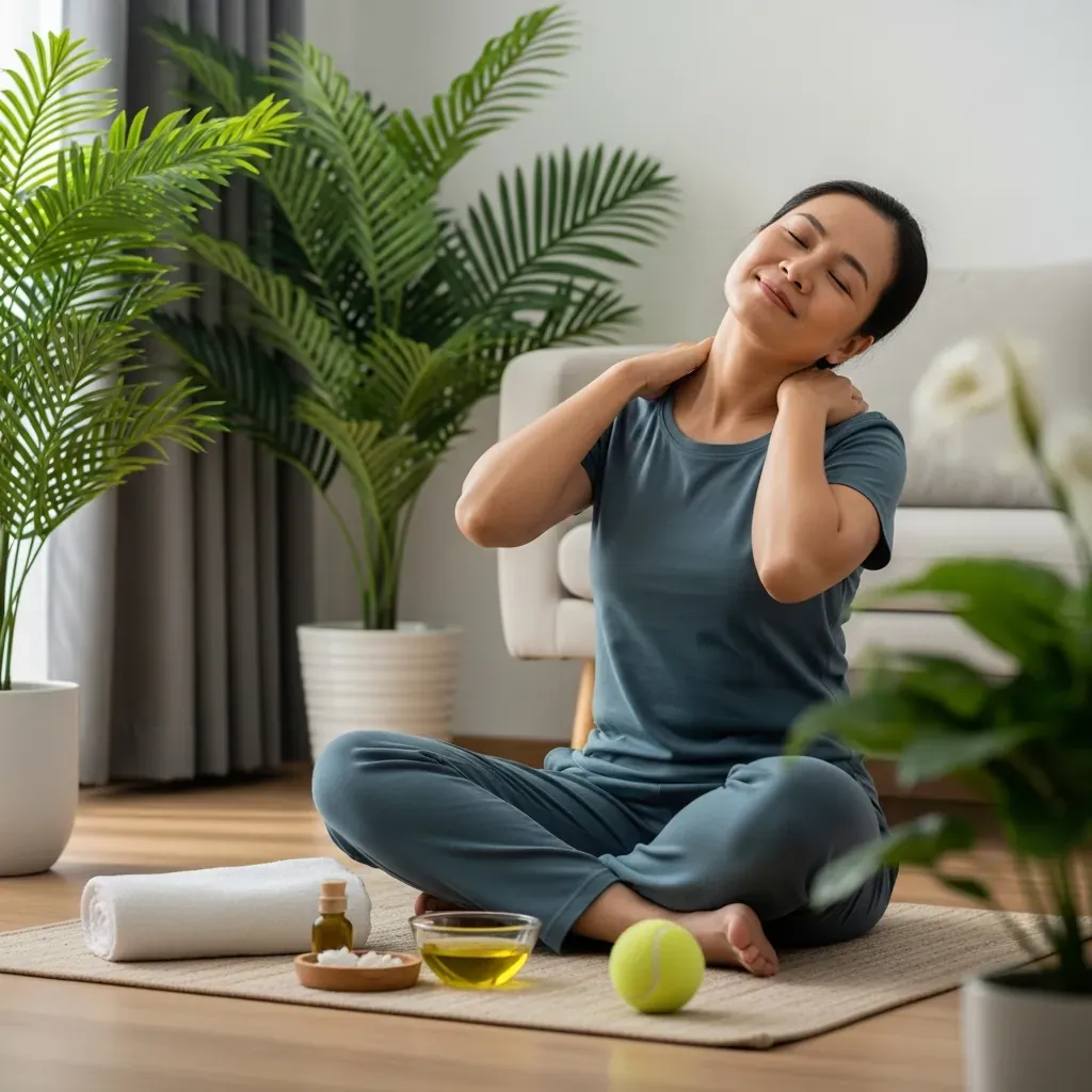Người Việt tự massage cổ vai gáy tại nhà với khăn ấm, dầu massage và bóng tennis.