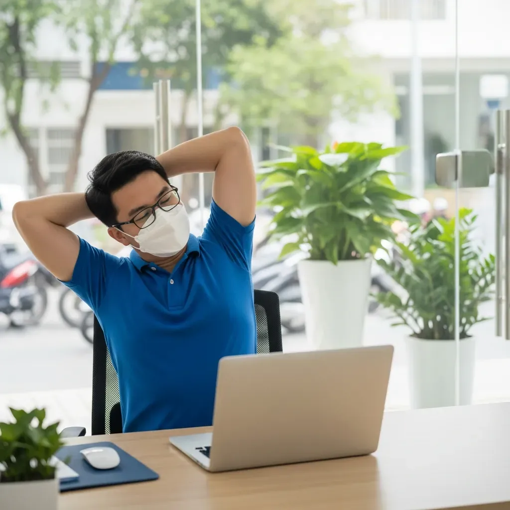 Nhân viên văn phòng Việt Nam ngồi đúng tư thế và kéo giãn nhẹ sau khi làm việc với máy tính.