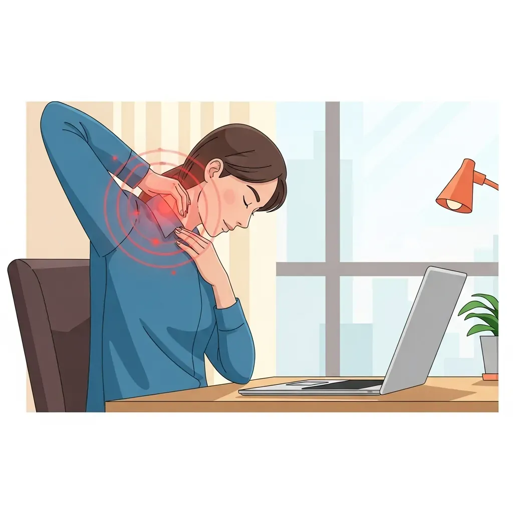 Nhân viên văn phòng Việt Nam ngồi sai tư thế trước máy tính khiến cổ vai gáy căng mỏi.