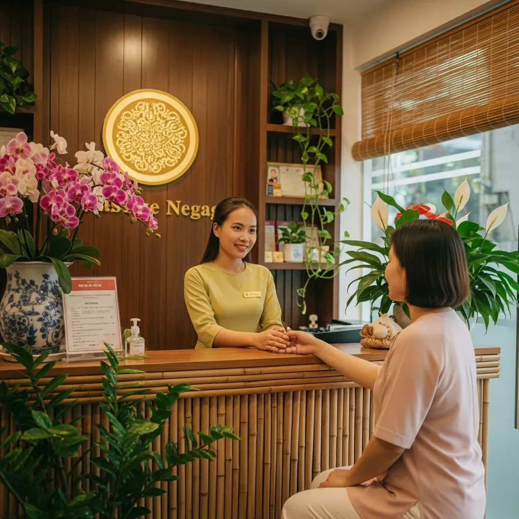 Quầy lễ tân cơ sở massage trị liệu sáng sủa ở Hà Đông với nhân viên người Việt thân thiện