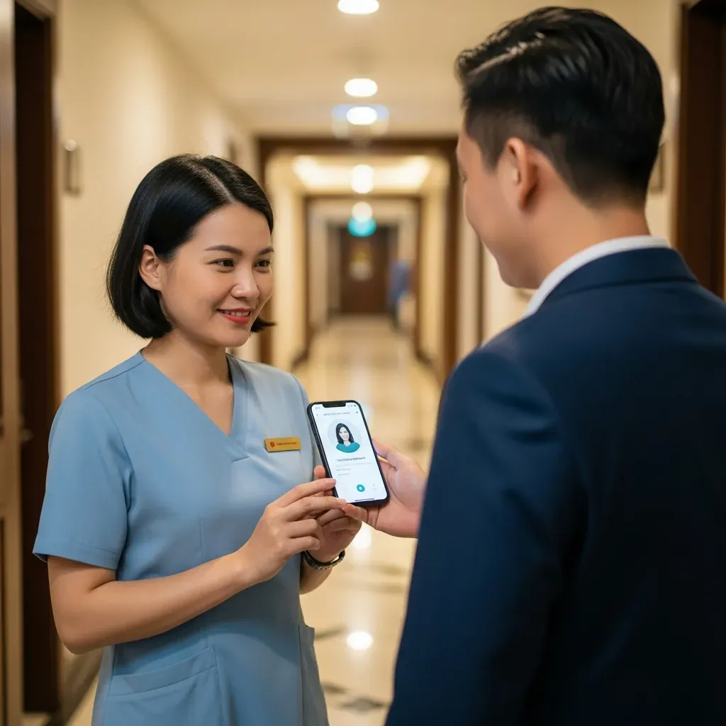 Khách đối chiếu hồ sơ với người đến trước khi mở cửa phòng khách sạn.