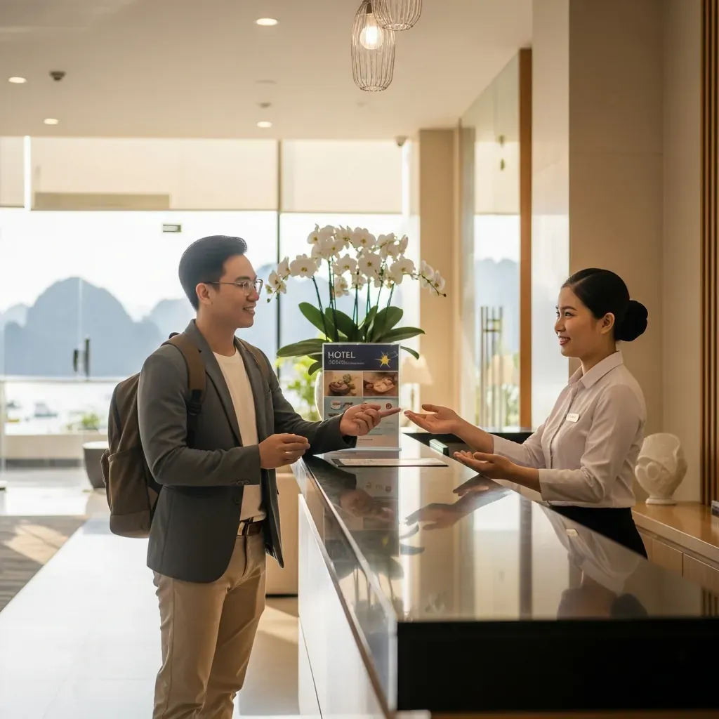 Khách du lịch Việt Nam hỏi lễ tân khách sạn về lựa chọn spa an toàn hơn.
