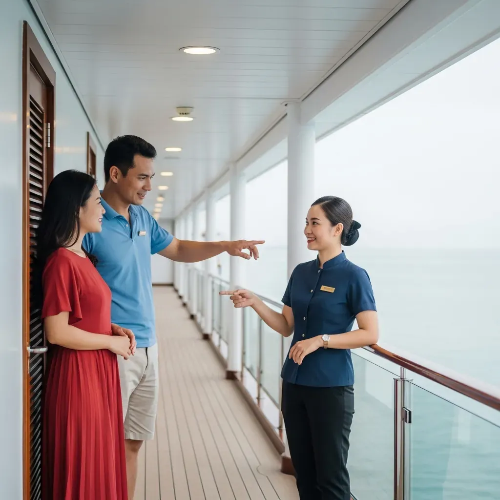 Khách trên du thuyền hỏi nhân viên về việc có được sử dụng dịch vụ massage từ bên ngoài hay không.