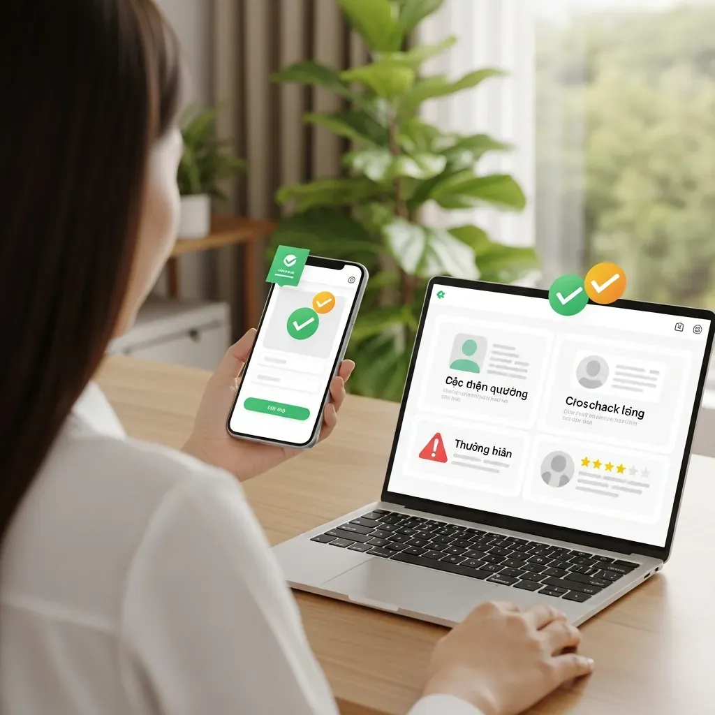 Người dùng đối chiếu thông tin dịch vụ qua ba lớp kiểm chứng trên điện thoại và laptop.