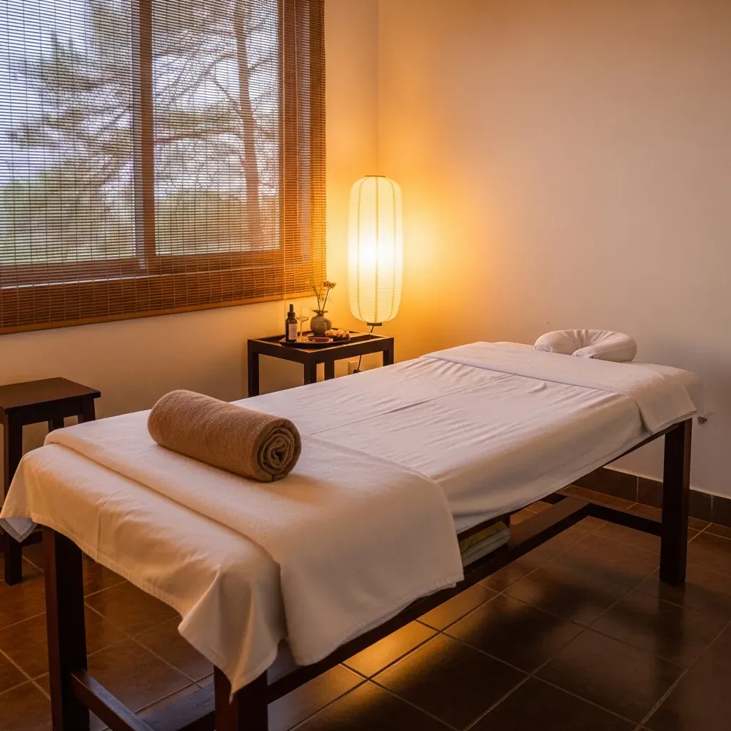 Không gian massage khiếm thị sạch sẽ, ấm cúng với ánh sáng dịu nhẹ.