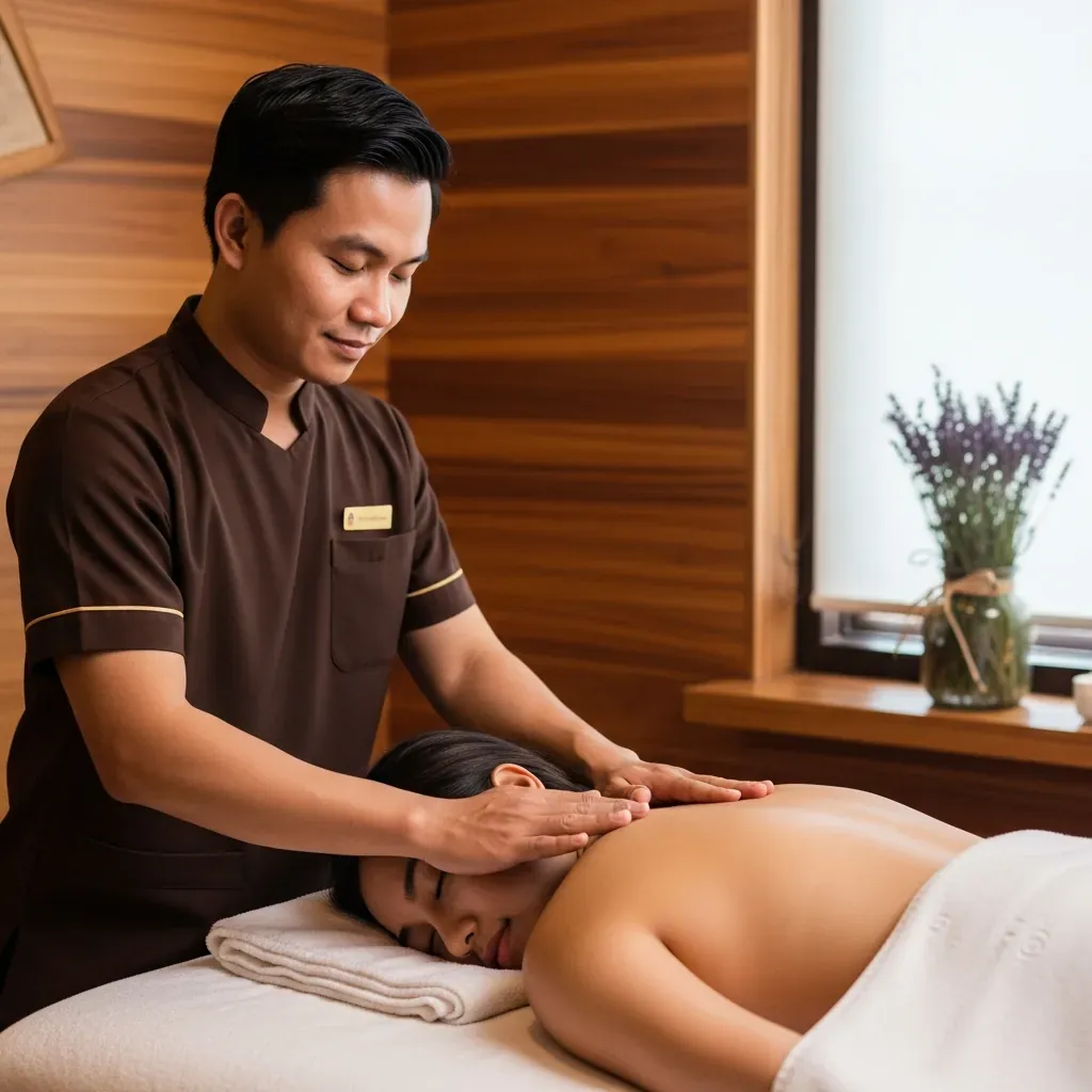 Kỹ thuật viên khiếm thị Việt Nam đang massage cho khách hàng với sự tập trung cao độ và nhẹ nhàng.