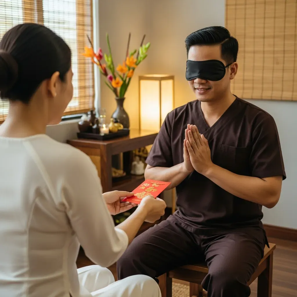 Người phụ nữ đưa phong bì tip nhỏ cho kỹ thuật viên khiếm thị một cách kín đáo và lịch sự.