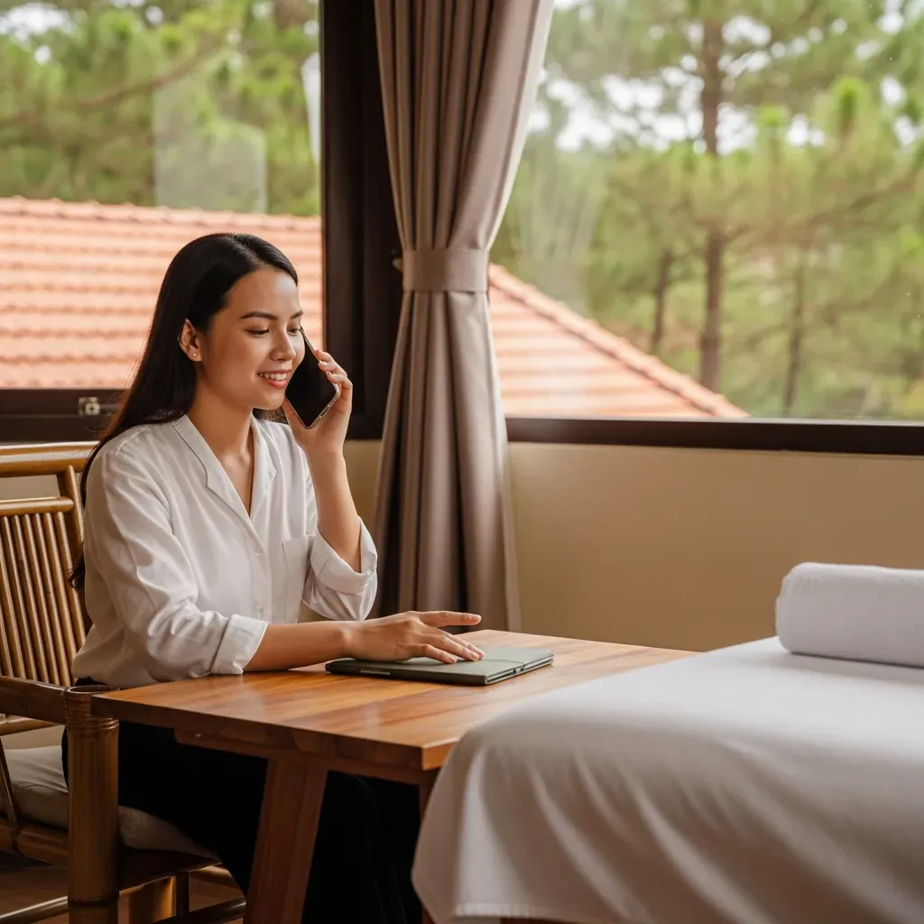 Người phụ nữ Việt Nam đang gọi điện đặt lịch massage khiếm thị trong không gian ấm cúng với ánh sáng dịu.