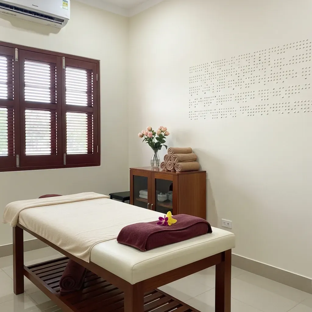 Phòng massage của cơ sở Trường Xuân với trang trí chấm nổi đặc trưng.