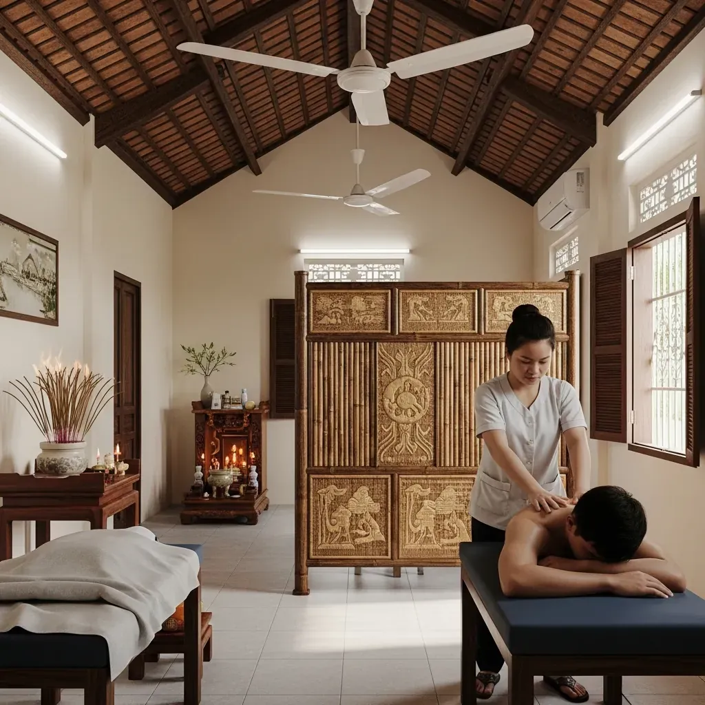 Bên trong cơ sở massage Nhân Trang trực thuộc Hội Người Mù quận Thanh Khê, Đà Nẵng, với kỹ thuật viên nữ khiếm thị đang làm việc.