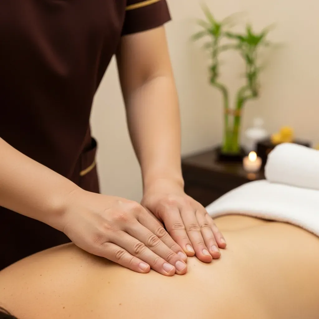 Đôi tay khéo léo của kỹ thuật viên khiếm thị người Việt đang bấm huyệt chính xác trên vùng lưng khách hàng.