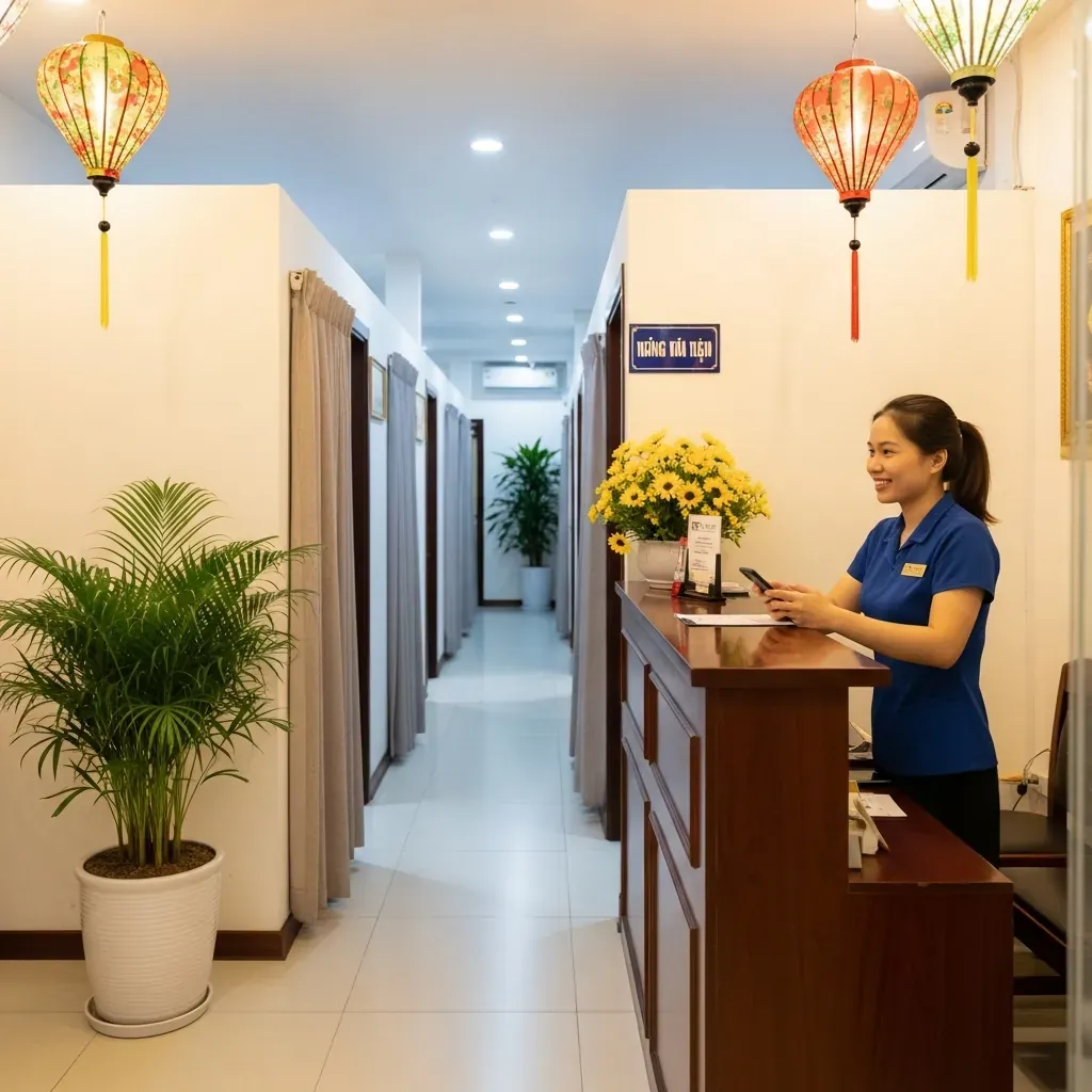 Khu vực lễ tân ấm cúng của cơ sở massage Hội Người Mù Quận Hải Châu trên đường Hoàng Diệu, Đà Nẵng.
