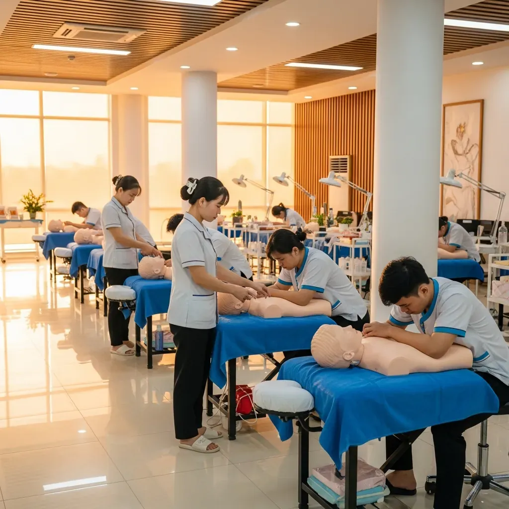 Lớp đào tạo massage hiện đại tại Đà Nẵng với các học viên khiếm thị người Việt đang thực hành trên ma-nơ-canh.