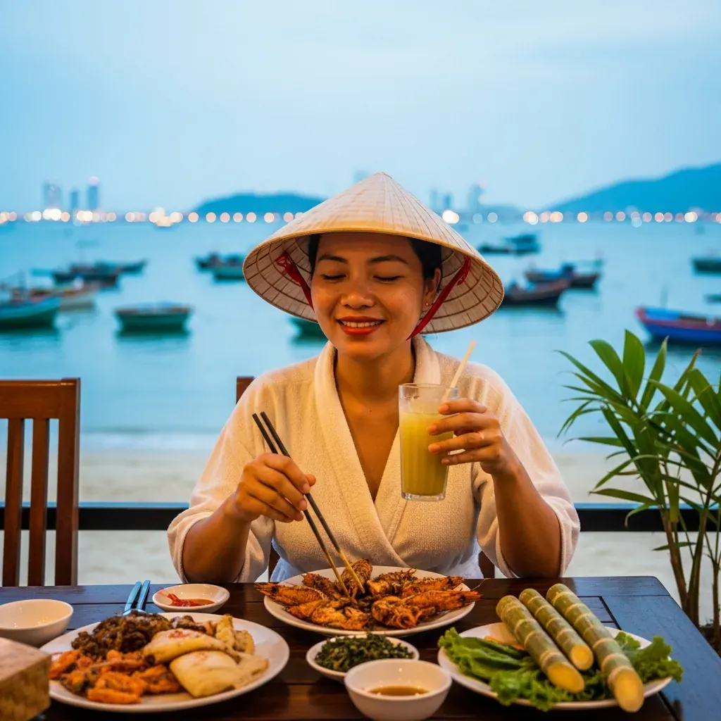 Người phụ nữ Việt Nam thoải mái thưởng thức hải sản nướng tại quán ven biển Đà Nẵng sau buổi massage.