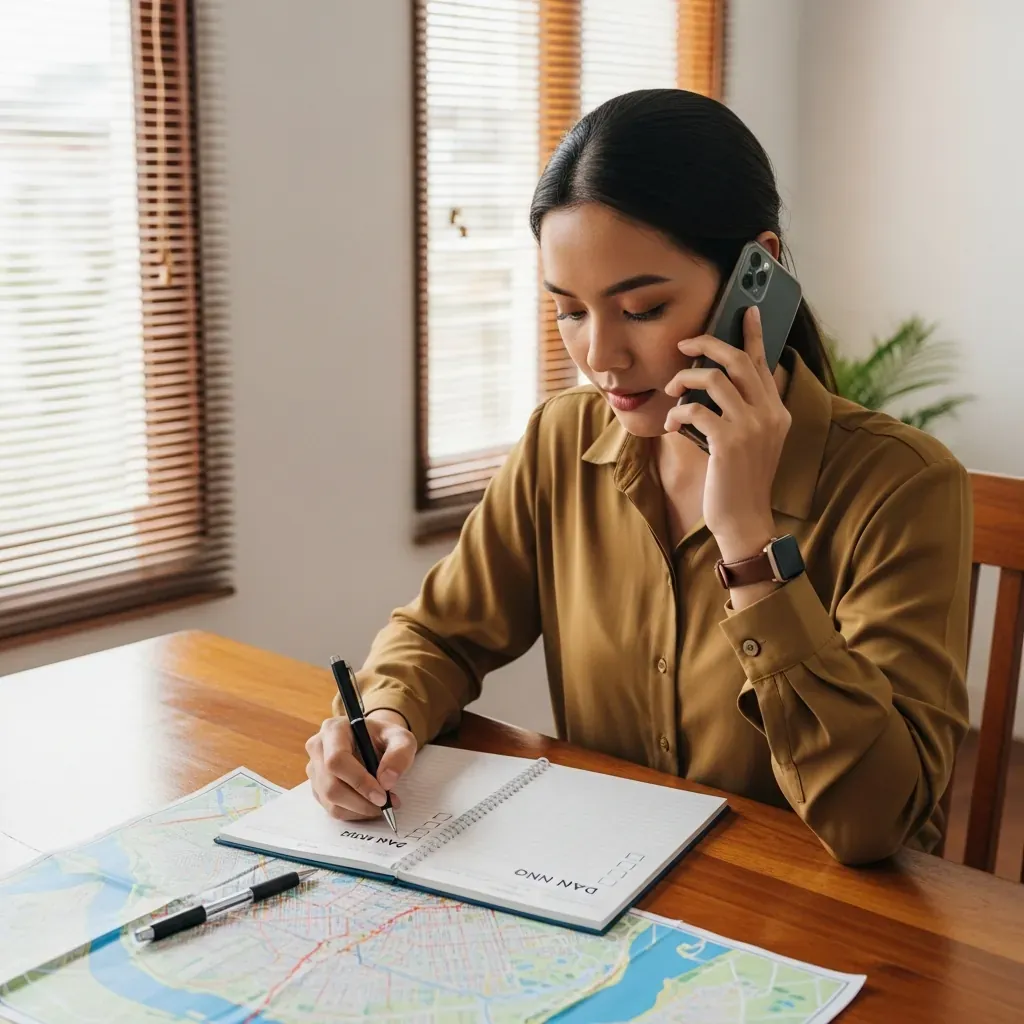 Người Việt trẻ đang ngồi bàn gỗ, tay cầm điện thoại gọi đặt lịch và ghi chú, trên bàn có bản đồ Đà Nẵng và sổ checklist.