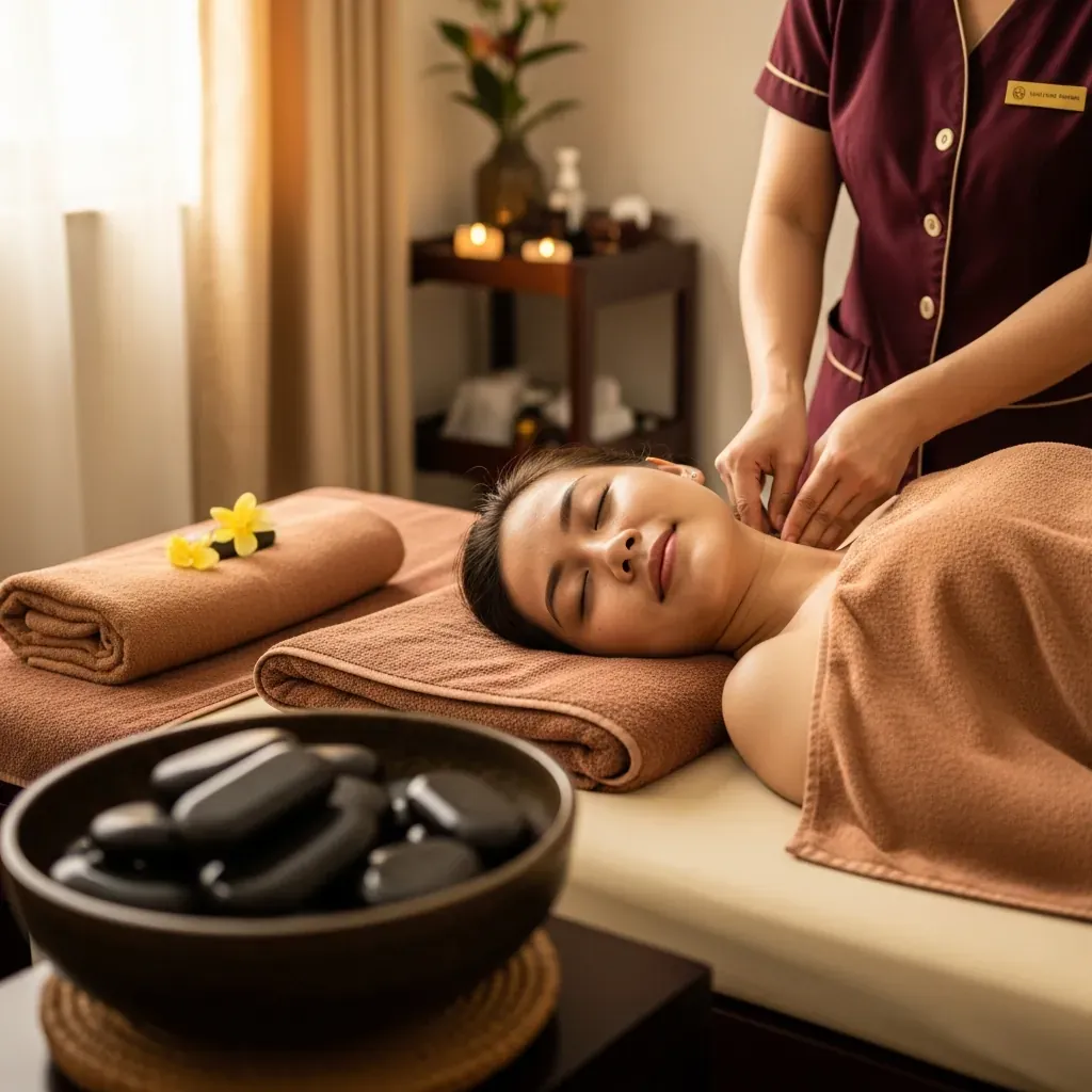 Phòng massage nhỏ sạch sẽ tại Ánh Dương (32 Nguyễn Khoái), kỹ thuật viên đang chườm đá nóng cho khách.