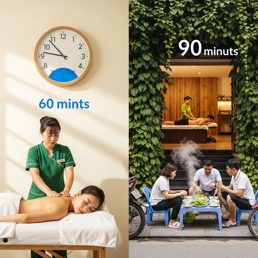 Hai cảnh so sánh: bên trái là liệu trình massage nhanh 60 phút cho dân văn phòng, bên phải là buổi trị liệu sâu 90 phút kết hợp bữa trưa bún chả ven hè phố Hà Nội.