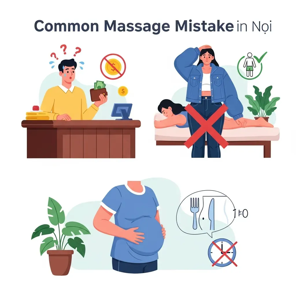 Hình minh họa các sai lầm thường gặp khi đi massage: không hỏi giá, mặc quần áo dày, ăn quá no, với ký hiệu dấu X và tick xanh.