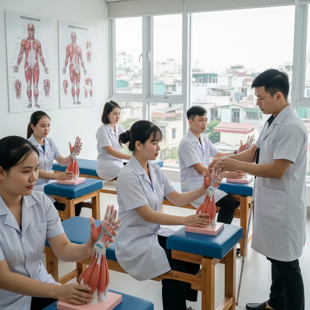 Lớp học đào tạo chuyên sâu cho kỹ thuật viên massage khiếm thị tại Hà Nội, với mô hình cơ bắp và giáo viên hướng dẫn tận tình.