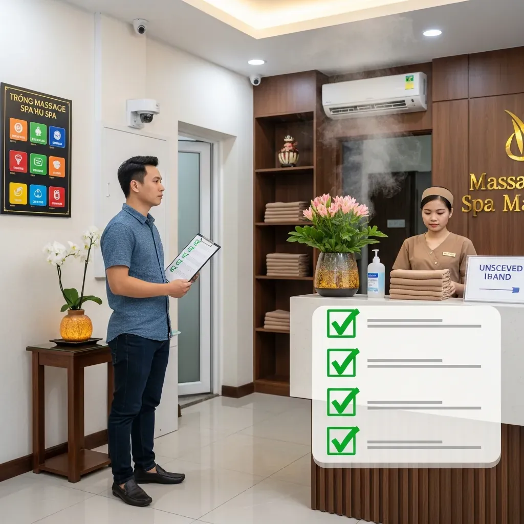 Người đàn ông Việt Nam đang kiểm tra nhanh các dấu hiệu an toàn tại sảnh spa massage, với bảng giá, camera, nhân viên đồng phục gọn gàng và ánh sáng trắng.