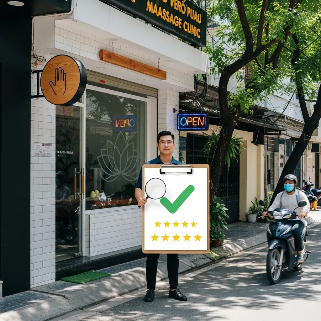 Người đàn ông Việt xác minh thông tin một spa massage khiếm thị bằng bảng kiểm có dấu tick và sao đánh giá, trước cửa hàng có biểu tượng tay không chữ.