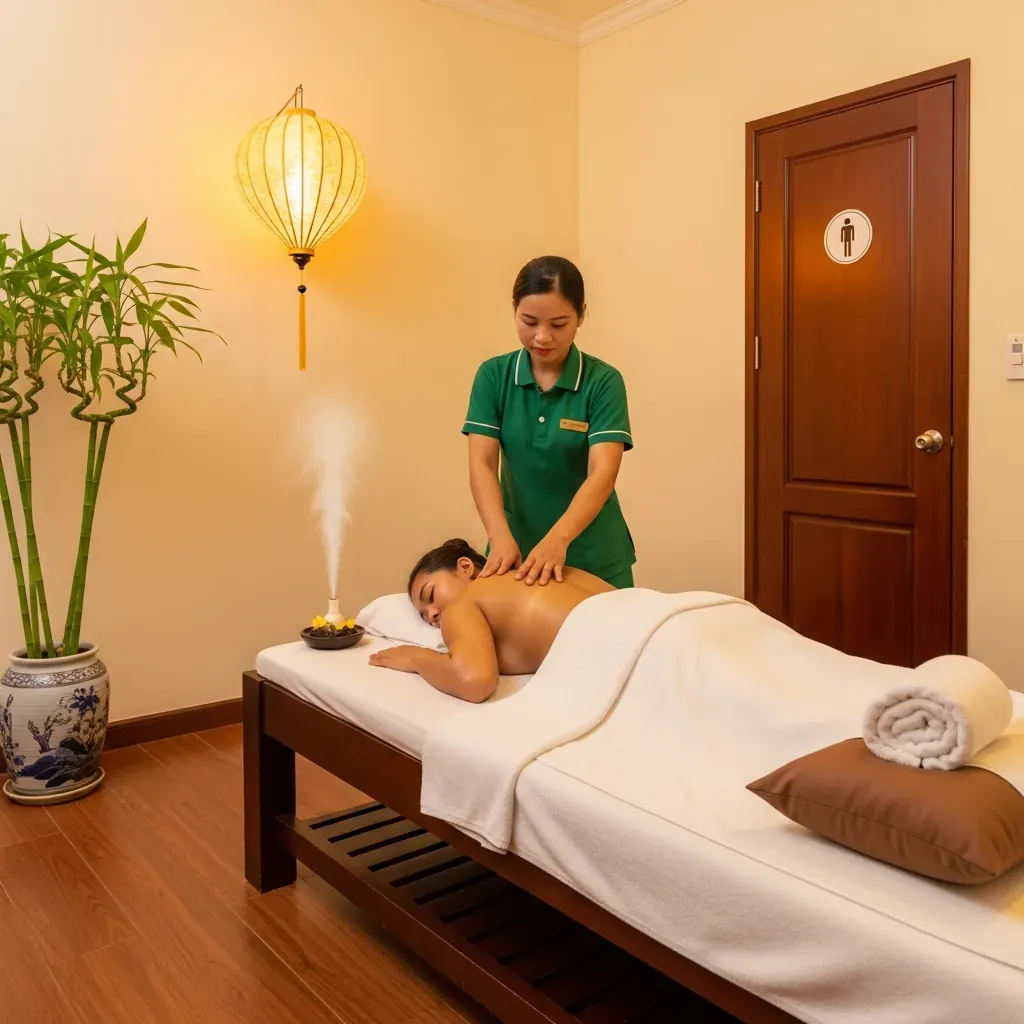 Phòng massage riêng biệt sạch sẽ với giường trải ga trắng, khăn mới, và kỹ thuật viên mặc đồng phục chuyên nghiệp đang thực hiện liệu trình.