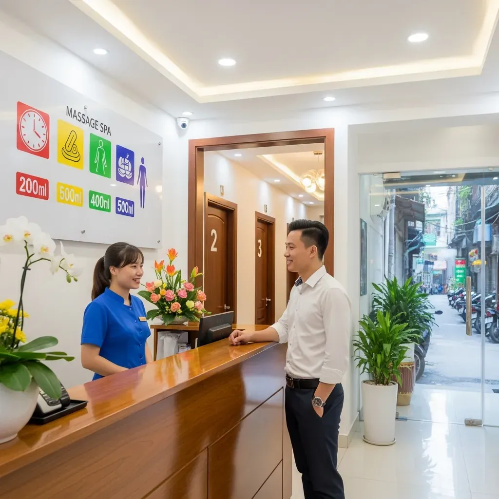 Sảnh tiếp đón sáng sủa của một spa massage khiếm thị chuyên nghiệp tại Hà Nội, nhân viên mặc đồng phục lịch sự chào đón khách.