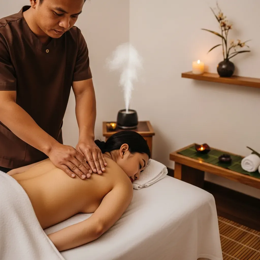 Bàn tay kỹ thuật viên khiếm thị ấn huyệt lưng khách.