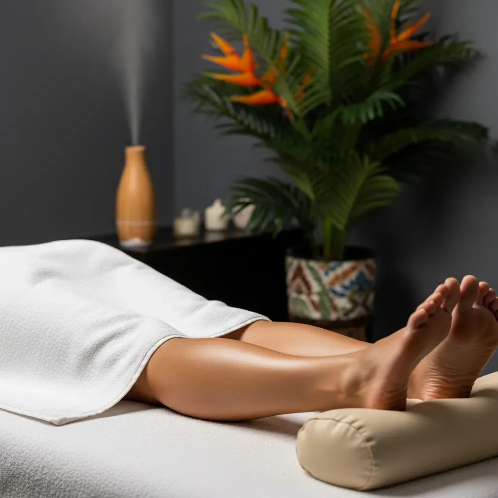 Khăn trắng phủ kín cơ thể trên giường massage, thể hiện sự kín đáo.