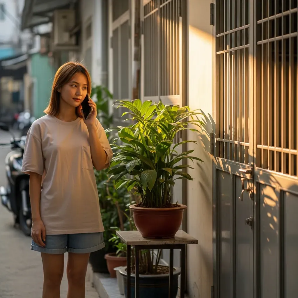 Một cô gái Việt gọi điện đặt chỗ massage, mặc đồ thoải mái chuẩn bị rời nhà.