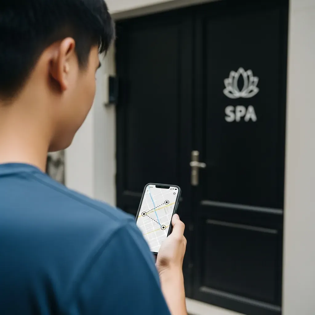 Nam thanh niên xem bản đồ trên điện thoại trước tiệm massage đóng cửa.