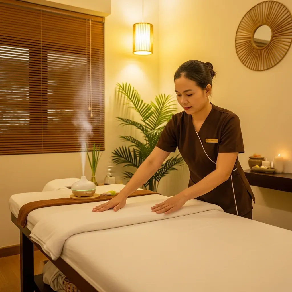 Phòng massage sạch sẽ tại trung tâm Minh Thiện với drap trắng và tinh dầu thơm.