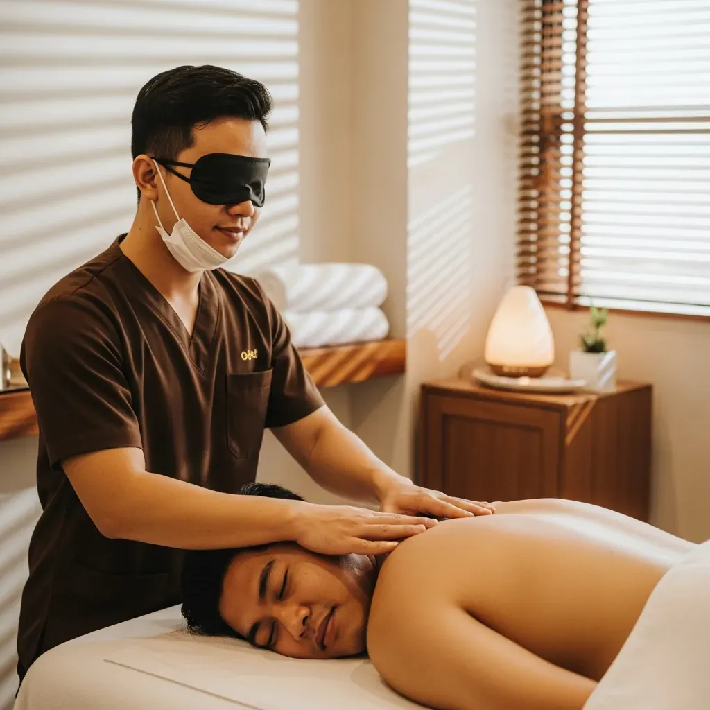 Cảnh thực tế buổi trị liệu massage khiếm thị với kỹ thuật viên đang bấm huyệt cho khách.