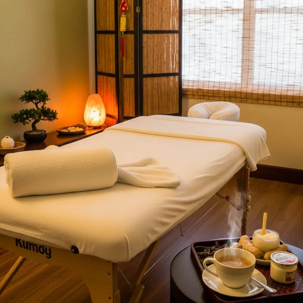 Không gian massage riêng tư, sạch sẽ với trà và sữa chua.