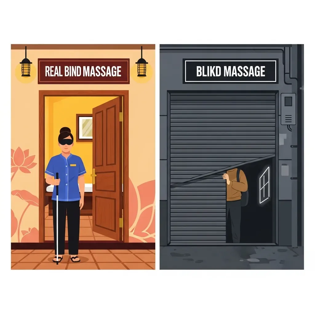 Hai khung cảnh đối lập: cơ sở massage khiếm thị thật và giả tại Việt Nam.
