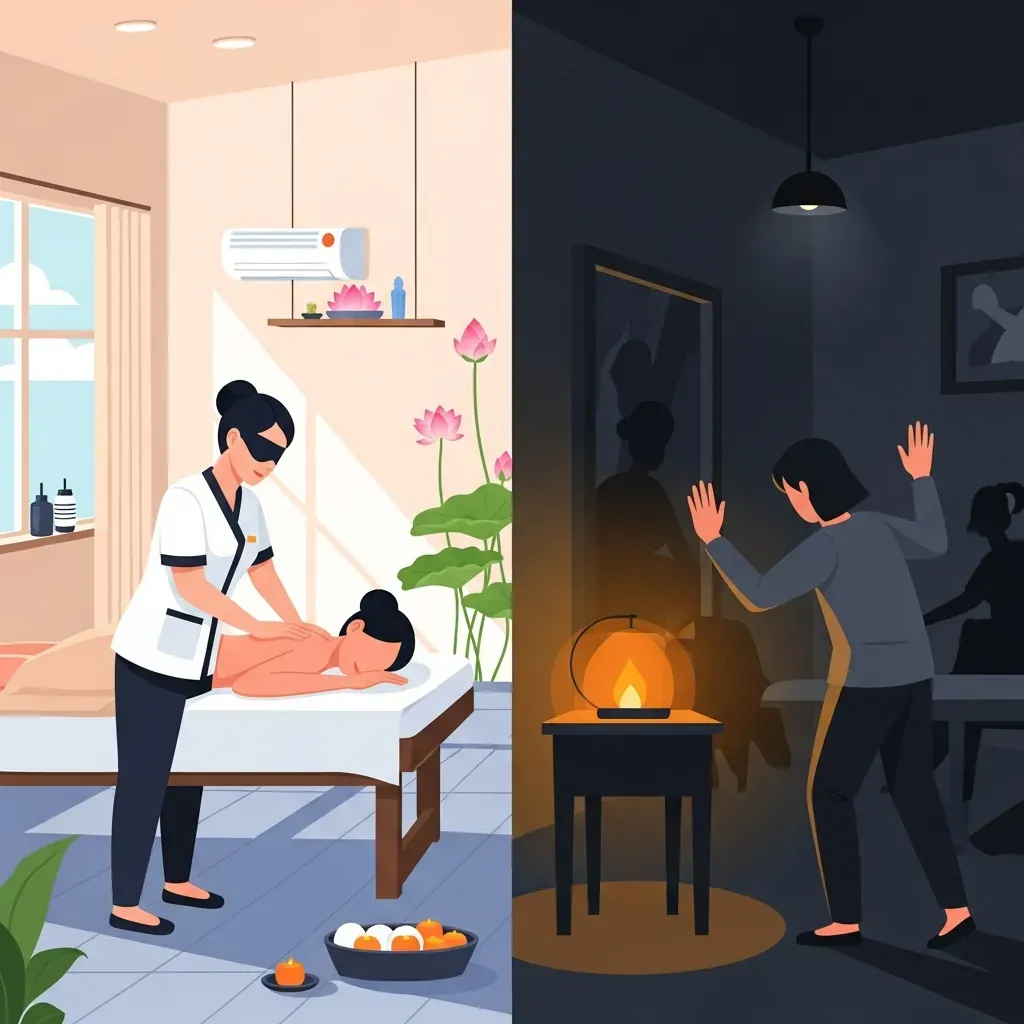 Hình minh họa đối lập giữa phòng massage sáng sủa và phòng massage tối tăm, đại diện cho thông tin đã xác minh và chưa xác minh.