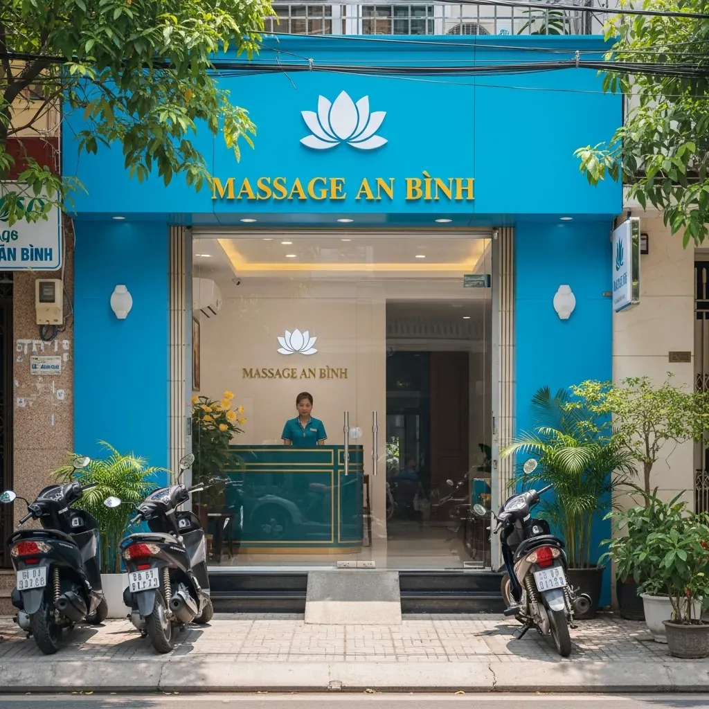 Mặt tiền cơ sở massage khiếm thị An Bình tại đường Bình Chiểu, Thủ Đức, sáng sủa và chuyên nghiệp.