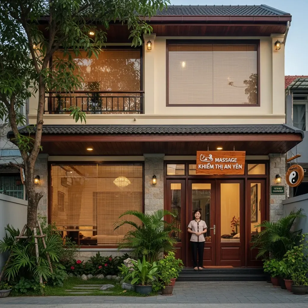Mặt tiền cơ sở massage khiếm thị An Yên tại Linh Tây, Thủ Đức, với kiến trúc gỗ và tre.
