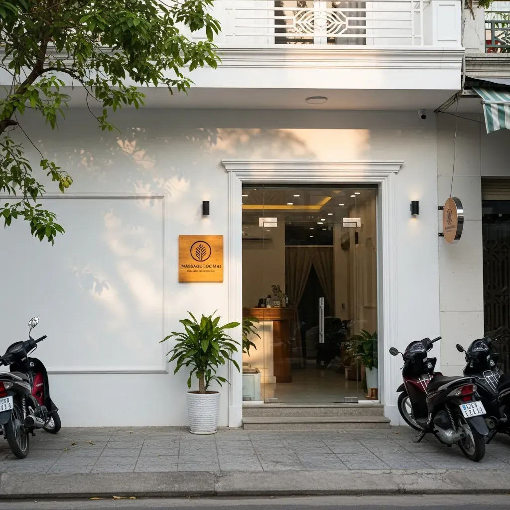 Mặt tiền cơ sở massage Lộc Mai trên đường Lê Thị Hoa, Thủ Đức, với biểu tượng chiếc lá, không có chữ.