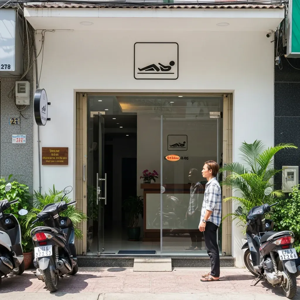 Một người đàn ông Việt Nam đứng trước cơ sở massage khiếm thị có mặt tiền sáng sủa, không có chữ, chuẩn bị bước vào trải nghiệm.