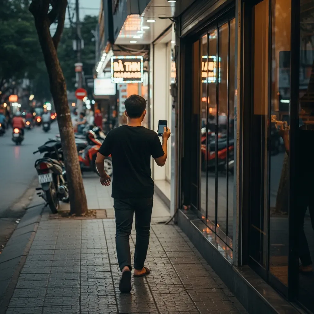 Người đàn ông Việt Nam rời đi nhanh khỏi cơ sở massage có dấu hiệu biến tướng, tay cầm điện thoại.